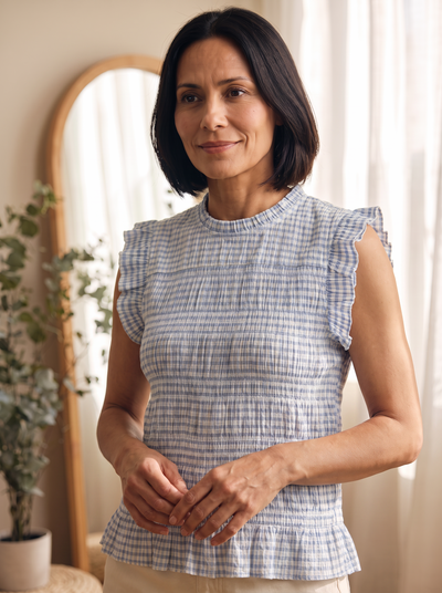Tank top with plaid print and pleats for women