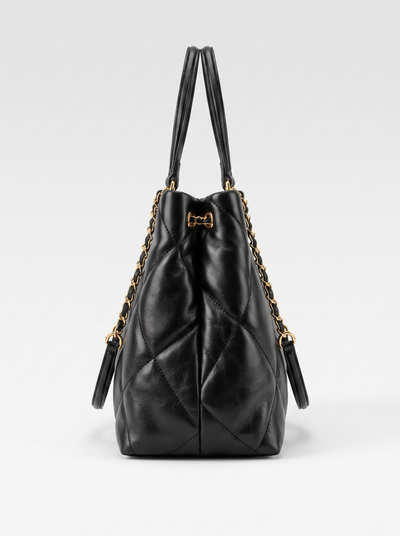 Leather tote bag with quilted stitching for women