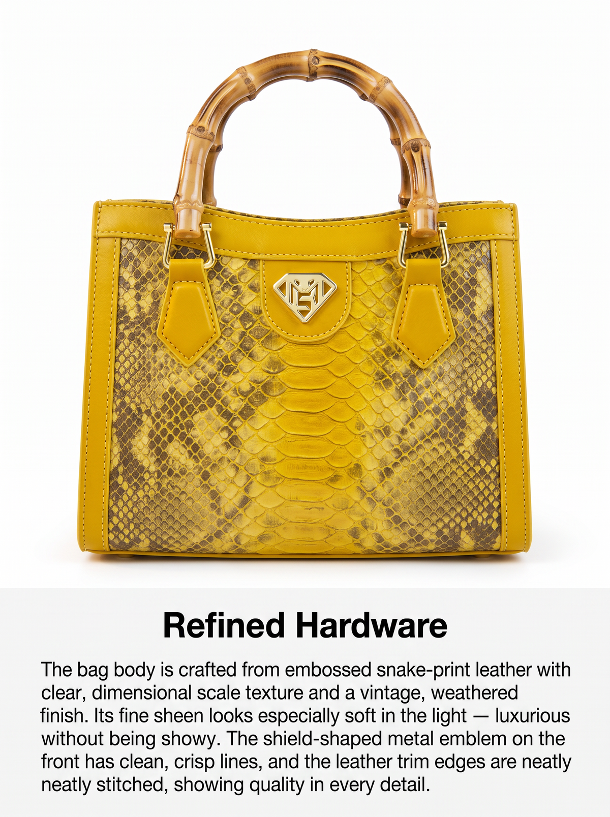 Tote bag with snake print and bamboo handle for women
