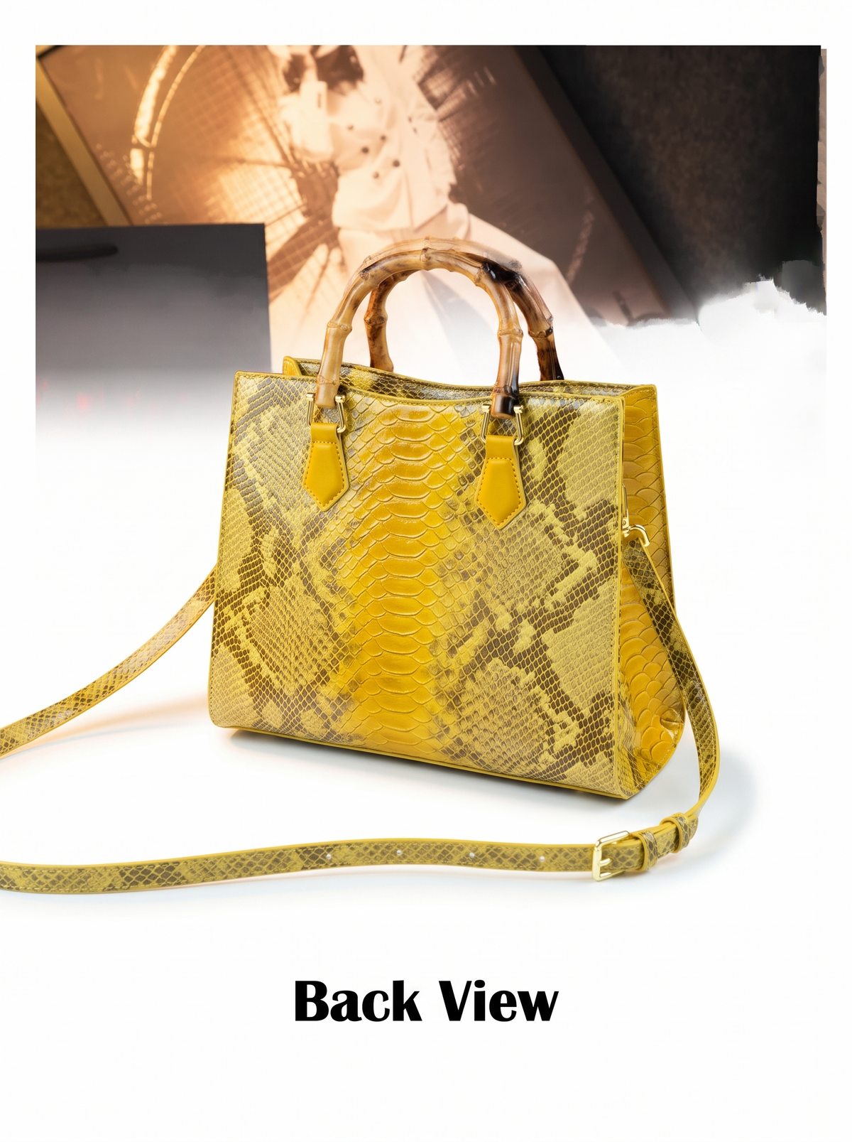 Tote bag with snake print and bamboo handle for women