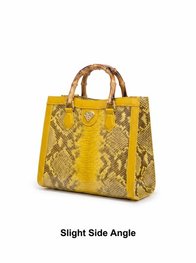 Tote bag with snake print and bamboo handle for women
