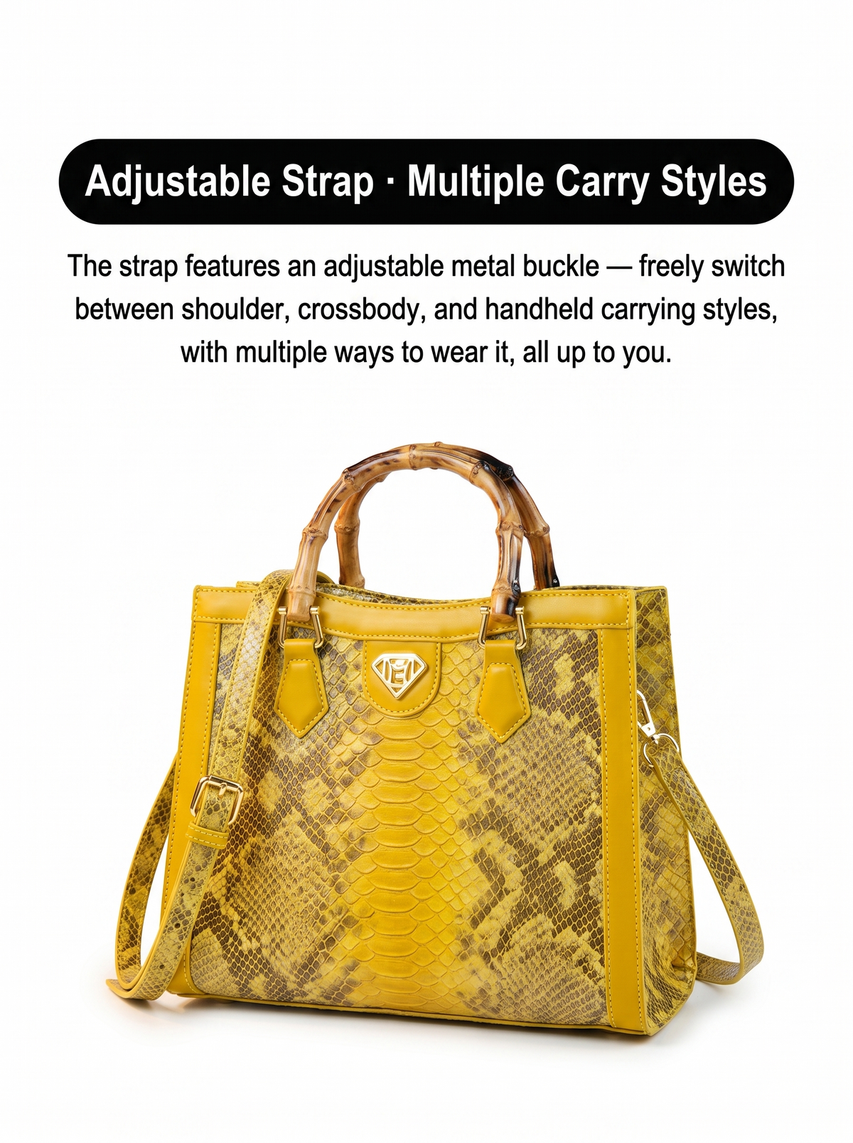 Tote bag with snake print and bamboo handle for women