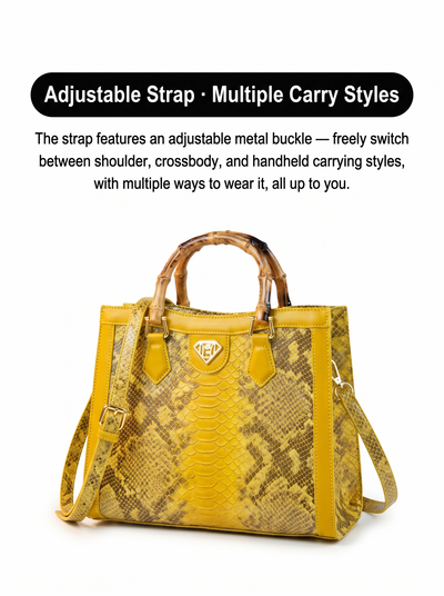 Tote bag with snake print and bamboo handle for women