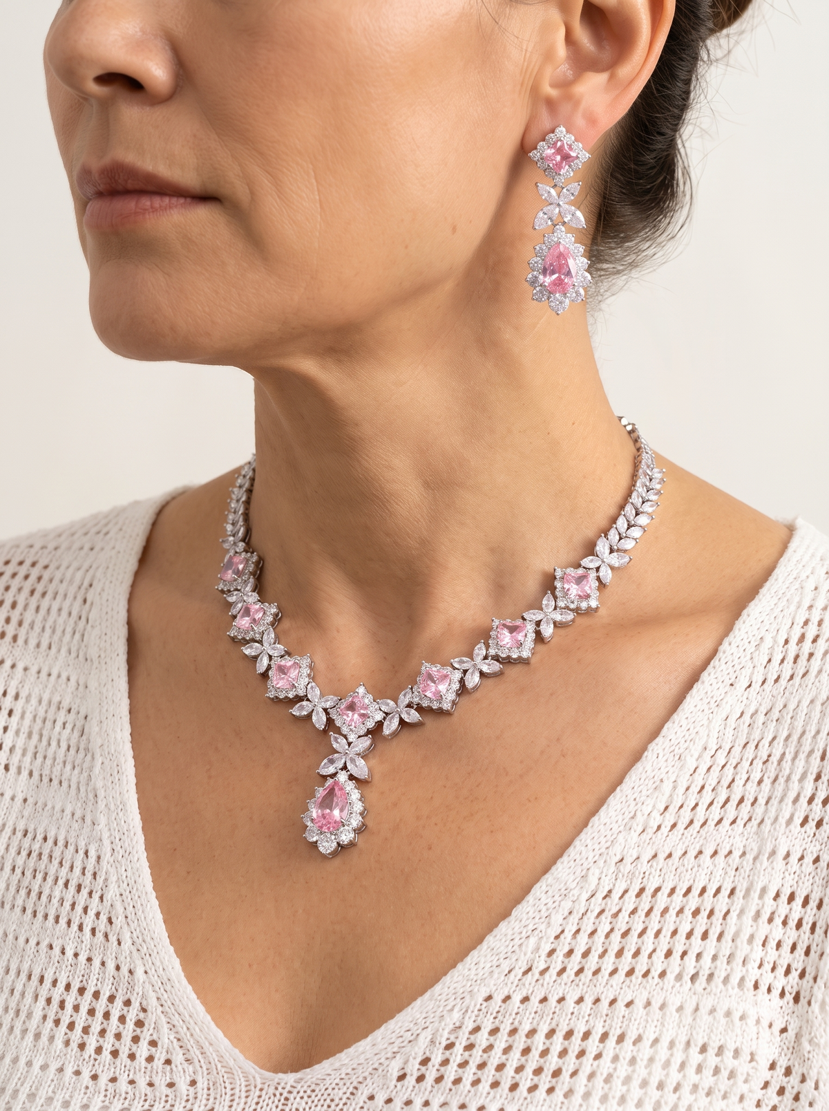 Pink crystal pendant necklace and earring set for women – ARIANA