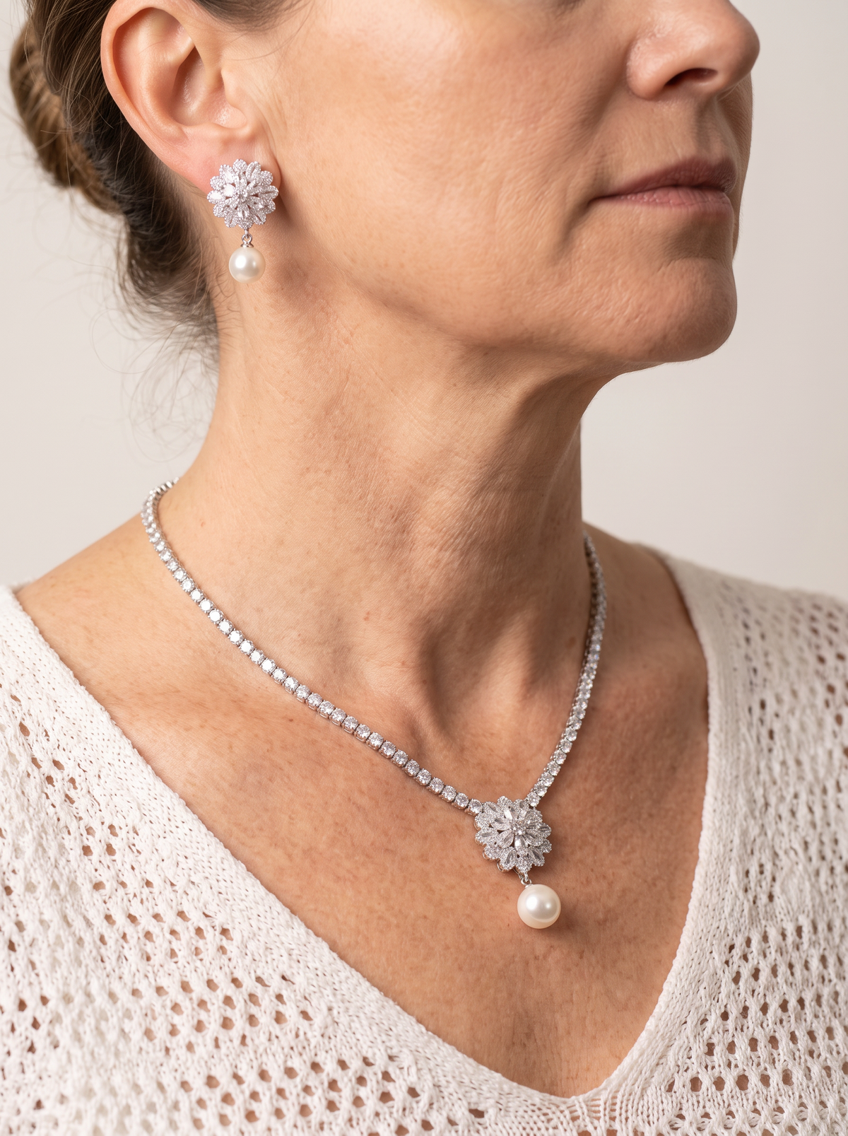 Simulated pearl flower pendant necklace and earring set for women – ARIANA