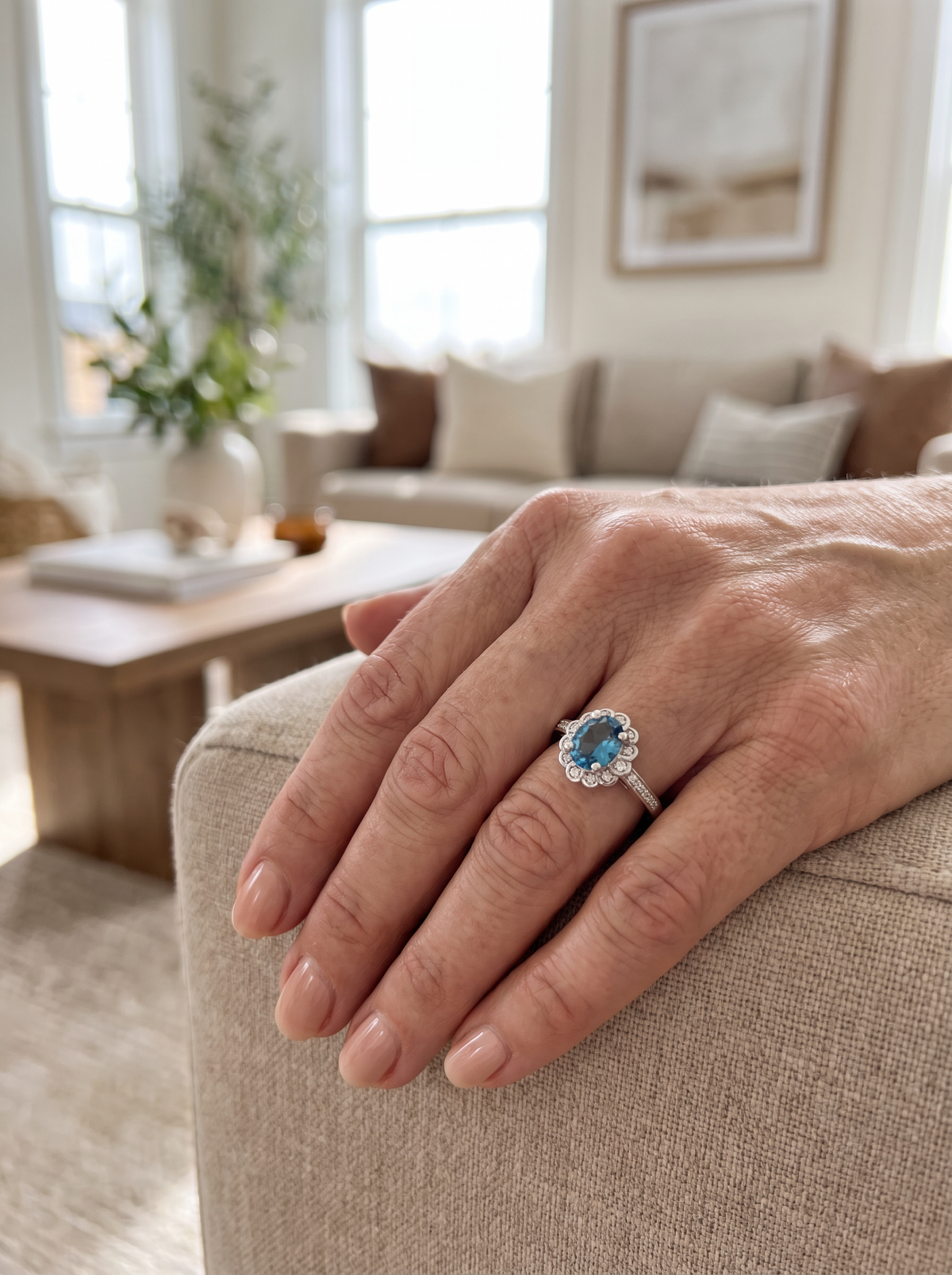 925 silver ring with natural London blue topaz for women