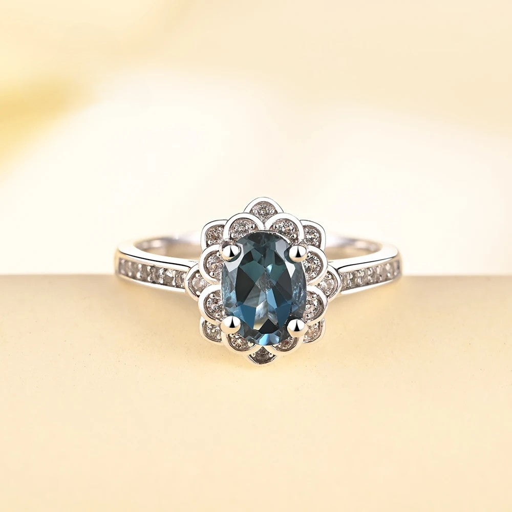 925 silver ring with natural London blue topaz for women